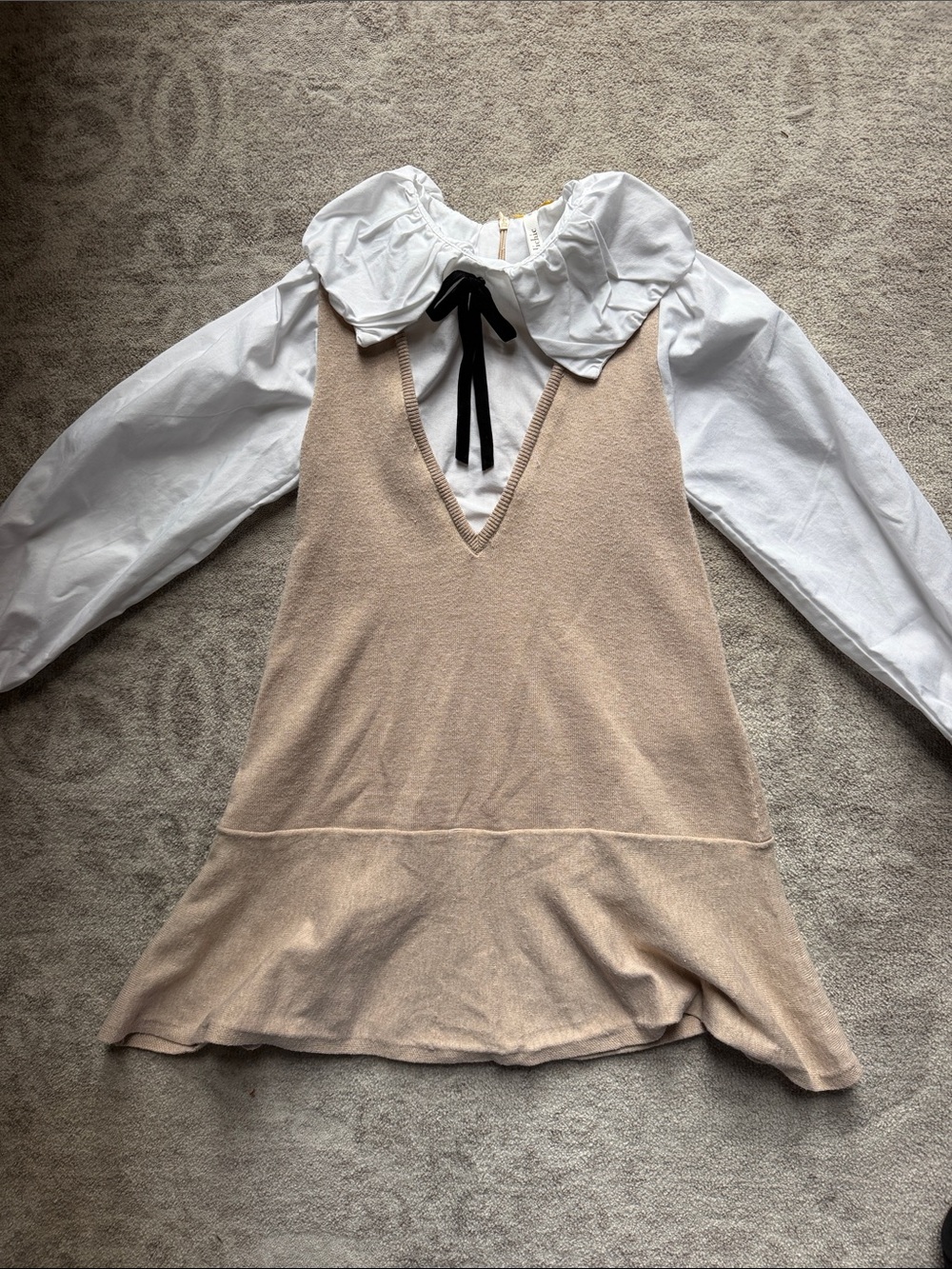 kidpik Beige Knit Pinafore Dress with White Blouse and Black Tie